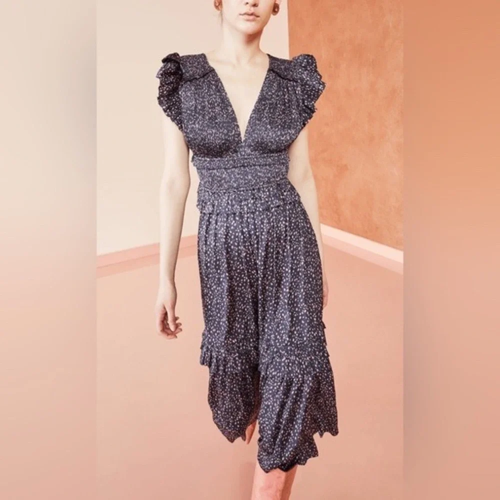 Ulla Johnson Jolee Midi Dress Sz 0 Black Pink Ruffle Plisse Boho Chic Flowy Sexy